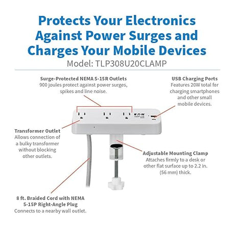 Eaton Tripp Lite Series Desk Clamp Power Strip Surge Protector, 3-Outlets, USB-A & USB-C Charging Ports, 900 Joules, 8ft Braided Flat Extension Cord, Lifetime Manufacturer's Warranty (TLP308U20CLAMP) 3 Outlets White (USB-A + USB-C)