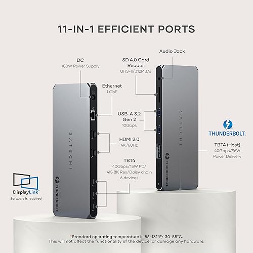 Satechi Thunderbolt 4 Dock 100W Charging, Dual Monitor HDMI 4K/60Hz, 40Gbps Data Transfer, 2 USB-A 3.2, Ethernet, Thunderbolt 4 Dock for MacBook Air/Pro M5, Mac/Windows, DisplayLink Software Required