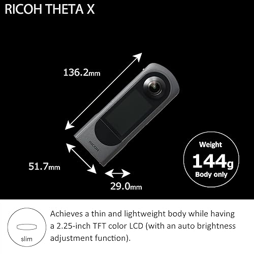 RICOH Theta X 360 Degree Camera, High Resolution Image of Approx 60M, 5.7K 360, Touch Screen, Interchageable Battery, External Memory Card