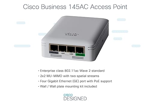 Cisco Systems Business 145AC Wi-Fi Access Point, 802.11ac, 2x2, 4 GbE Ports, PoE, Wall Plate, Limited Lifetime Protection (CBW145AC-A-CA) CBW145AC/ Wall-mount/ 1 pack