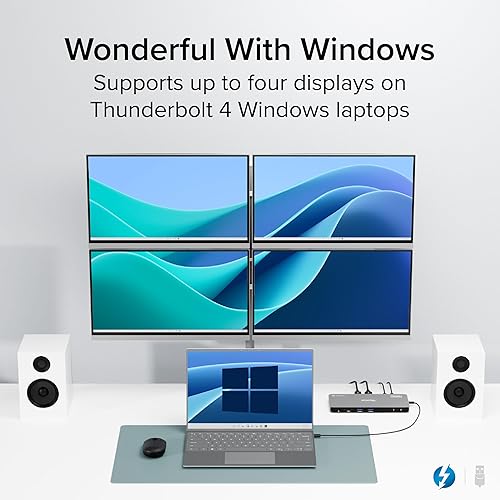 Plugable Thunderbolt 4 Dock for Quad Monitors 100W, Thunderbolt Docking Station Connects up to Four 4K Monitors for Windows and Mac Laptops, 2x HDMI, 4x Thunderbolt 4/USB C, Driver Required TBT-6950PD
