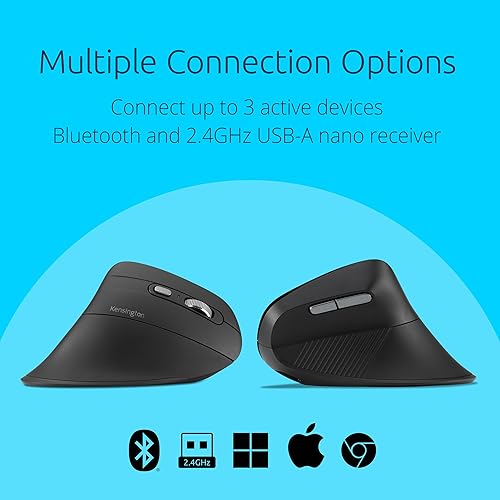 Kensington Pro Fit Ergo MY630 EQ Wireless Rechargeable Mouse, Vertical Wireless Mouse, 1000/1600/2400 DPI Switches, Bluetooth LE, 2.4GHz, Black (K72484NA)