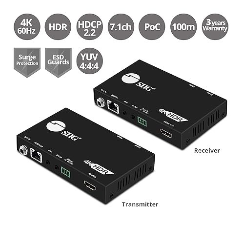 SIIG 4K HDR HDMI 2.0 HDBaseT Extender Over Single Cat5e/6 with RS-232 & IR - 330ft (100m) @ 1080p & 3840x2160@60Hz YUV 4:4:4 8bit, RS232, HDMI 2.0 and HDCP 2.2, HDR, PoC, CEC (CE-H23311-S1) 4K 60Hz HDR HDMI2.0 - 330ft
