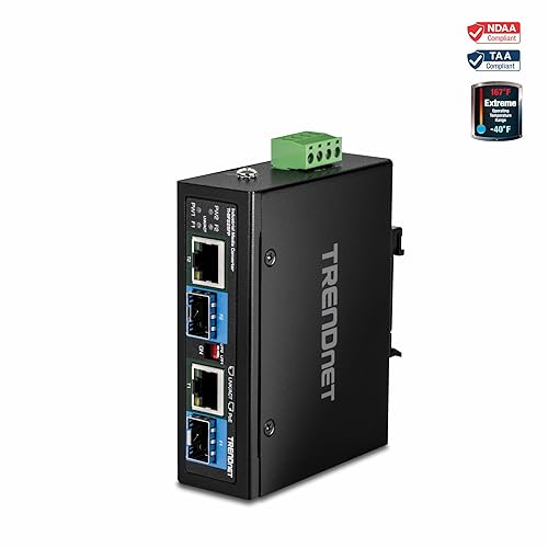 TRENDnet 2-Port Industrial SFP to Gigabit PoE++ Media Converter, TI-BF22SFP, IP30 Metal Housing, Power Supply (Model TI-S15052) Sold Separately, Black
