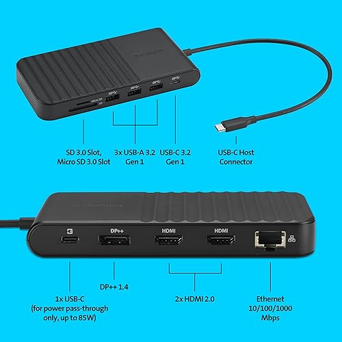 Kensington UH1510P USB C Hub 11-in-1 Triple Display with 2 HDMI 1 DP++, 85W Power Charging, Ethernet, SD/MicroSD Card Slots, 3xUSB-A, 2xUSB-C, USB C Dongle for Dell/HP/Lenovo/ThinkPad (K34040WW)