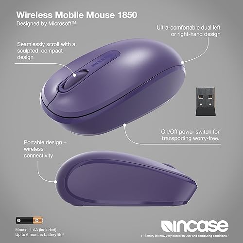 Incase Wireless Mobile Mouse 1850 – Designed by Microsoft – Compact, Comfortable, Right/Left Hand Use, 6-Month Battery Life, Nano Transceiver, Works with Mac/Windows 8/10/11 (Purple)