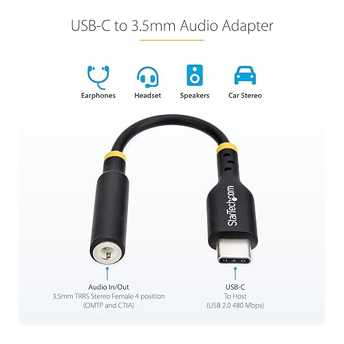 StarTech.com 5in (12.7cm) USB-C to 3.5mm TRRS Headphone/Headset Jack Audio Adapter, 32-bit DAC, USB C Aux Dongle for PC/Phone