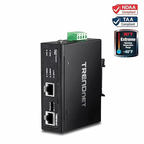 TRENDnet Hardened Industrial 60W Gigabit PoE+ Injector, DIN-Rail Mount, IP30 Rated Housing, Includes DIN-Rail & Wall Mounts, TI-IG60