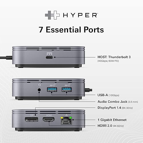 HyperDrive USB-C & Thunderbolt 3 Dual Monitor Dock - 4K60Hz HDMI Thunderbolt Docking Station -7-in-1 Dock - Slim, Portable, Powerful