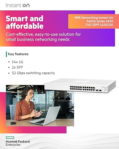 HPE Networking Instant On Switch Series 1830 24-Port Gb Smart-Managed Layer 2 Ethernet Switch | 24x 1G | 2X SFP | Fan-Less | US Cord (JL812A#ABA)
