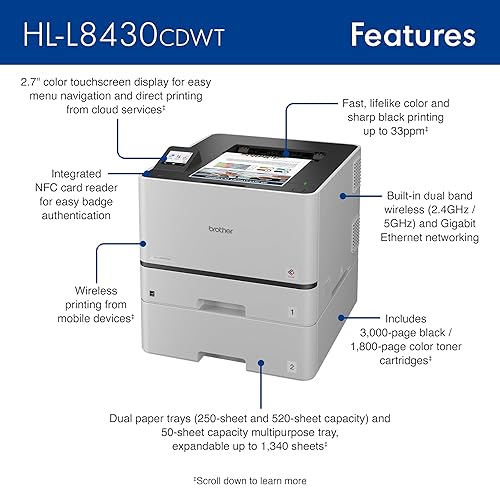 Brother HL-L8430CDWT Business Color Laser Printer with Dual Paper Trays, Low-Cost Printing, and Wireless Networking New HLL8430CDWT With Additonal Paper Tray (Current Model)