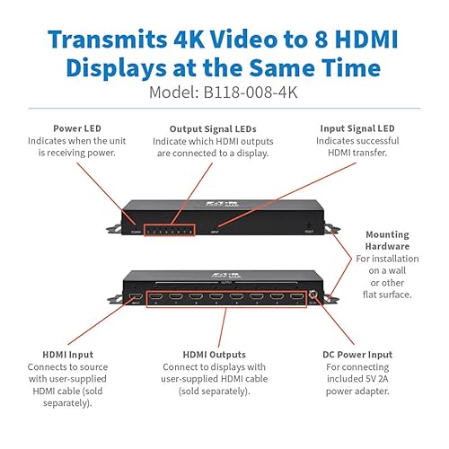 Tripp Lite Series 8-Port HDMI Splitter, 4K@60Hz, 1 in 8 Out, Mirror/Duplicate Only, Multi-Resolution Support, Mounting Kit, International Power Adapter, Plug-and-Play, 1-Year Warranty (B118-008-4K)