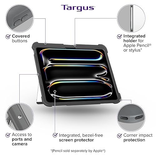 Targus SafePort Rugged Max Case for iPad Pro 13-inch (M4) – MIL-STD Drop Tested, Screen Protector, Kickstand, Hand Strap, Stylus Holder, Dust & Fluid Resistant - THD969GL