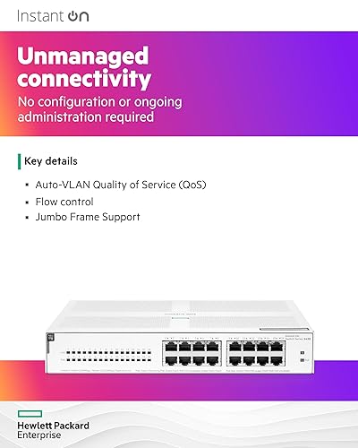 HPE Networking Instant On Switch Series 1430 16-Port Gb Unmanaged Layer 2 Ethernet Switch with PoE | 16x 1G | 16x CL4 PoE (124W) | Fan-Less | US Cord (R8R48A#ABA) 16G 124W