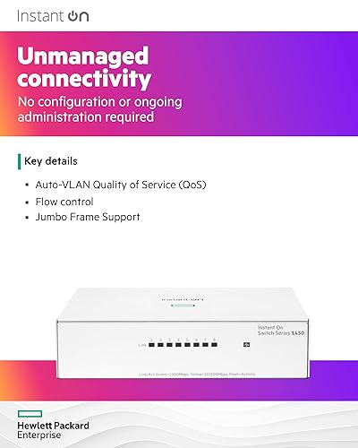 HPE Networking Instant On Switch Series 1430 8-Port Gb Unmanaged Layer 2 Ethernet Switch | 8X 1G | Fan-Less | US Cord (R8R45A#ABA) 8G