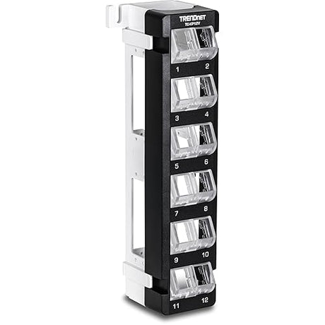 TRENDnet 12-Port Blank Angled Wall Mount Keystone Patch Panel, TC-KP12V, Use with TRENDnet Keystone Jacks (Sold Separately), Snap-in Style, Quick and Easy Access, 89D Wall Mount Bracket Included