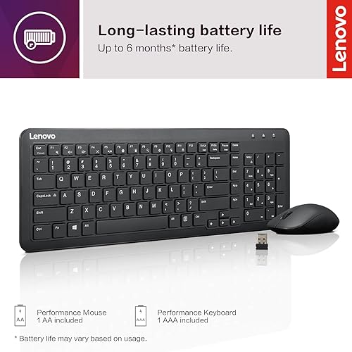 Lenovo 300 Wireless Combo Keyboard and Mouse, 2.4 GHz Nano USB-A Receiver, Batteries Included Keyboard & Mouse Combo