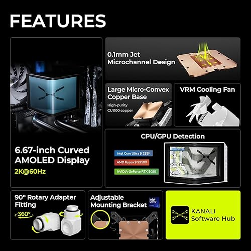 TRYX Panorama CPU Water Block White 6.67'' AMOLED Curved Screen 3D Anamorphic Effect Display 2K@60Hz Customizable Content with VRM Fan and 90° Rotary Adapter for Intel LGA 1700/1851/1200 AMD AM5/AM4