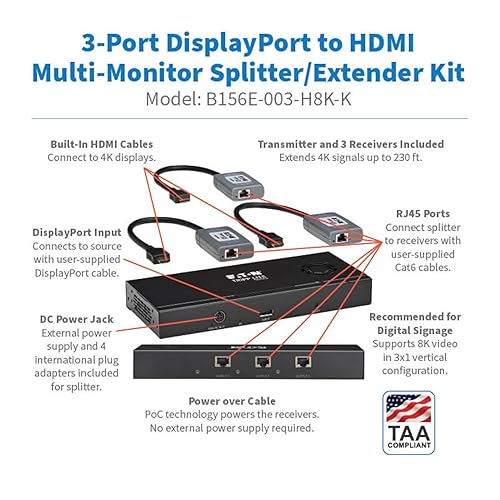 Tripp Lite Series 3-Port DisplayPort to HDMI Splitter + Extender Over Ethernet Cat6, Up to 8K@60Hz Video, 1 in 3 Out, DP 1.4, MST Hub, TAA Compliant, Plug-and-Play, 1-Year Warranty (B156E-003-H8K-K) DisplayPort to HDMI 3-Ports