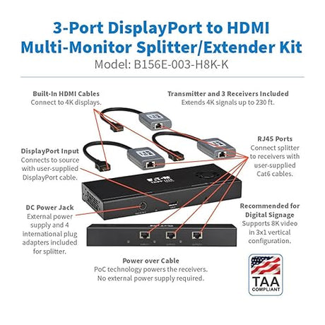 Tripp Lite Series 3-Port DisplayPort to HDMI Splitter + Extender Over Ethernet Cat6, Up to 8K@60Hz Video, 1 in 3 Out, DP 1.4, MST Hub, TAA Compliant, Plug-and-Play, 1-Year Warranty (B156E-003-H8K-K) DisplayPort to HDMI 3-Ports