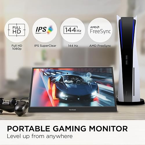 ViewSonic VX1654 16 Inch 1080p IPS Portable Gaming Monitor with 144Hz, AMD FreeSync, 2 Way Powered 60W USB C, Mini HDMI, and Built-in Stand with Protective Cover