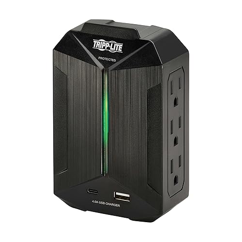 Tripp Lite Surge Protector Power Strip 6-Outlets + 1 USB & 1 USB-C Port, Direct Wall Plug-in, Black, Green LED Light, 490 Joules, EMI/RFI Filtering, 20,000 Insurance (SK62USBC)