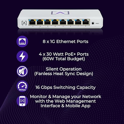 Alta Labs S8-POE 8-Port Cloud-Managed Switch with 4 PoE+ Ports | 60W PoE Budget | Desktop or Wall Mount