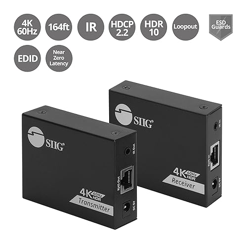 SIIG 4K HDMI Extender Over Cat6, 164ft, IR Passthrough & Video Loop-Out, HDCP 2.2, 5.1 Channel Audio, Auto Downscaling, ESD Protection, Splitter-Compatible with Extra HDMI Output (CE-H27K11-S1)