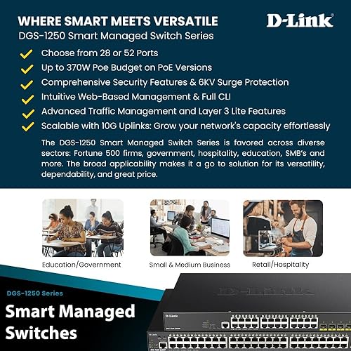 D-Link Ethernet Switch, 28 Port Smart Managed Gigabit Ethernet w/ 4 10G SFP+ Ports Uplink, Business Network 6kV Surge Protection (DGS-1250-28X-6KV)