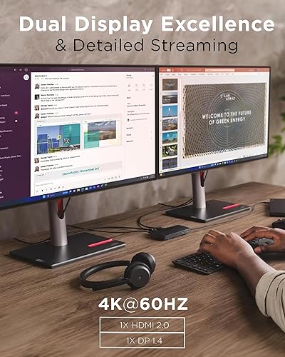 Lenovo USB-C Dual Display Travel Dock w/ 100W Power Adapter(Supports 65W PD Pass Though), 7 Ports, Up to 100W PD Pass Through, Integrated USB-C Cable, Black USB Dock + Adapter