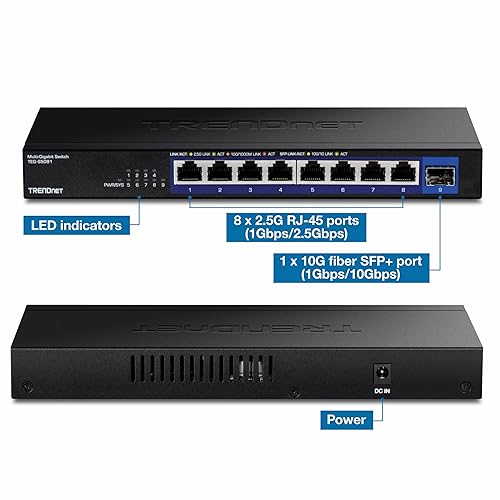 TRENDnet 9-Port Unmanaged 2.5G Switch with 10G SFP+ Port, TEG-S5091, 8 x 2.5GBASE-T Ports, 60Gbps Switching Capacity, Fanless, Wall Mountable, Black 8 Port 2.5G + 1 Port 10G SFP