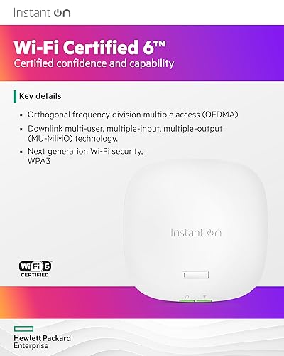 HPE Networking Instant On Access Point AP22 2x2 WiFi 6 Indoor Wireless Access Point | Long Range, Secure, Smart Mesh Support | Power Source Not Included | US Model (R4W01A) Power Adapter Not Included