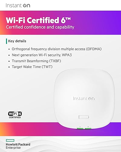 HPE Networking Instant On Access Point AP21 2x2 WiFi 6 Indoor Wireless Access Point | Single-Room, Secure, Smart Mesh Support | Power Source Not Included | US Model (S1T08A) Power Adapter Not Included