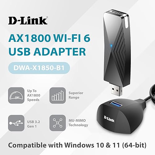 D-Link USB WiFi 6 Adapter AX1800 USB 3.0 Dual Band Long Range MU-MIMO Wireless Internet Network for Desktop PC Laptop Windows (DWA-X1850-B1) Black