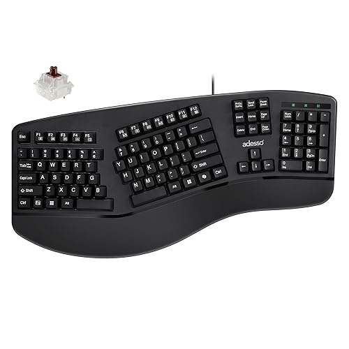 ADESSO EasyTouch 150 Ergonomic Wired Mechanical Keyboard with Cherry MX Brown Switches, Integrated Palm Rest, Dedicated Copilot AI Hotkey, Full-Sized Layout with Numeric Pad for Comfortable Typing