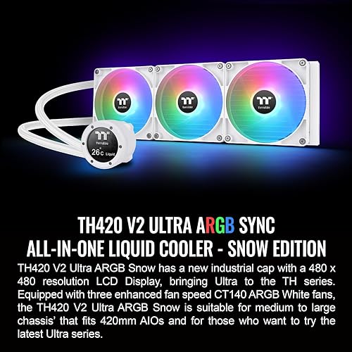 Thermaltake TH420 V2 Ultra ARGB Sync/AlO Liquid Cooler/ARGB Fan 140 * 3/PWM 500~1800rpm/Water Block 2.1 LCD/White, CL-W407-PL14SW-A