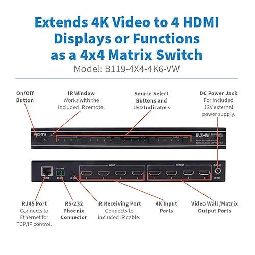 Tripp Lite 4x4 HDMI Matrix Switch Splitter with Video Wall Controller, 4K@60Hz Video, 4 HDMI Inputs, 4 HDMI Outputs, No Software Needed, Multi-Resolution Support, 3-Year Warranty (B119-4X4-4K6-VW)