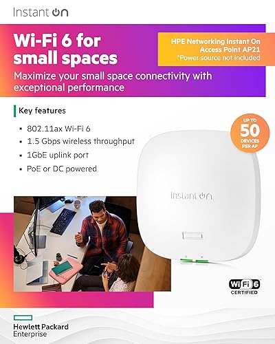 HPE Networking Instant On Access Point AP21 2x2 WiFi 6 Indoor Wireless Access Point | Single-Room, Secure, Smart Mesh Support | Power Source Not Included | US Model (S1T08A) Power Adapter Not Included