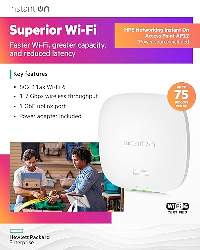 HPE Networking Instant On Access Point AP22 2x2 WiFi 6 Indoor Wireless Access Point | Long Range, Secure, Smart Mesh Support | Power Source Included | US Model (R6M49A) Power Adapter Included