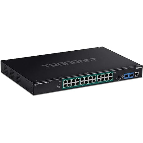 TRENDnet 26-Port Industrial Gigabit L2 Managed PoE+ Switch, TI-RP262i, 1U 19” Rackmount, 24 x Gigabit PoE+ Ports, 2 x SFP Slots (100/1000Base-FX), IP30, VLAN, QoS, 685W PoE Power Budget, Fanless