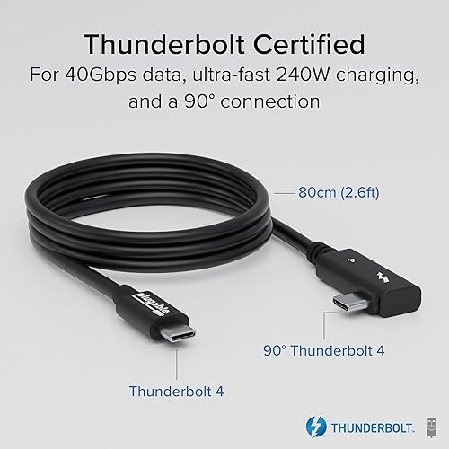 Plugable Thunderbolt 4 Cable Right Angle 40Gbps with 240W EPR Charging, 8K Display, Intel Certified 2.6 Feet (80CM) Compatible with USB4, Thunderbolt 3, USB C, iPad, MacBook, Windows (TBT4-240W-80CMR)