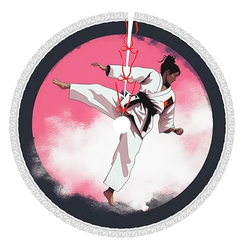 Taekwondo Design Printed Christmas Tree Skirt 36 Inch - Thick Xmas Tree Skirt with Tassel for Indoor Outdoor Xmas Tree Decoration