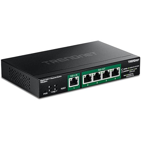TRENDnet 5-Port Gigabit PoE++ Powered Managed Switch with PoE Passthrough, TPE-B541, 1 x Gigabit PoE++ Input, 4 x Gigabit PoE+ Output, 60W PoE Budget, NDAA TAA Compliant, Lifetime Protection