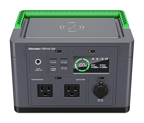 Schneider OffGrid Portable Power Station 300W, PPS330, Lightweight 332Wh Solar Generator: 2 AC Outlets, 60W USB-C PD Output, Wireless Charging, LED Light, for Camping, RV, Home Backup
