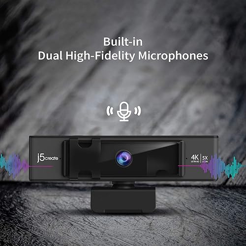 j5create 4K Ultra HD Webcam with 5X Digital Zoom, Privacy Cover, Low Light Enhancement, Dual High-Fidelity Microphones, Remote Control, USB-C | for Video Conferencing, Online Classes, Live Streaming