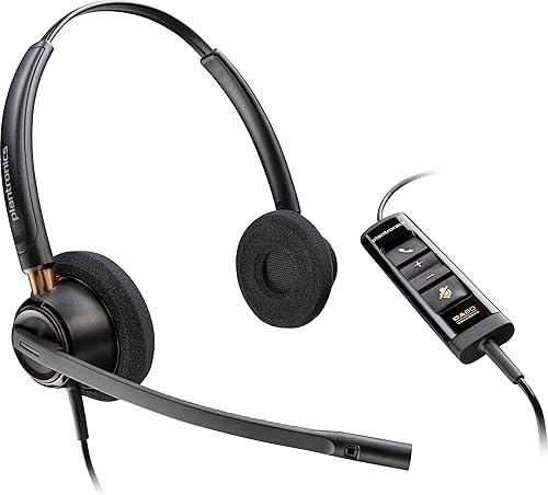 Poly - EncorePro 525-M USB-A and USB-C USB Headset (Plantronics) - Optimized for Teams - Acoustic Hearing Protection - Hold & Call Answer Buttons - Dual Ear Wearing Style,Black