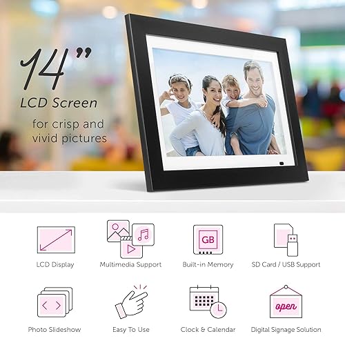 Aluratek 14” LCD Digital Photo Frame with 4GB Built-in Memory with Remote, USB SD/SDHC Support, w/White Matting, 1366 x 768, 16:9 (ADMPF214FB) Black 14 Black
