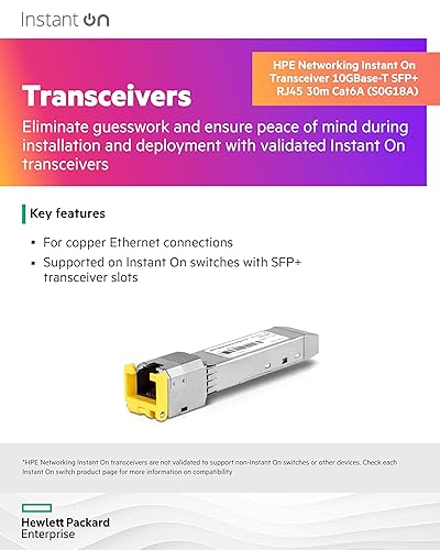 HPE Networking Instant On 10GBase-T SFP+ RJ45 30m Cat6A Transceiver for Copper Ethernet Connections (S0G18A)