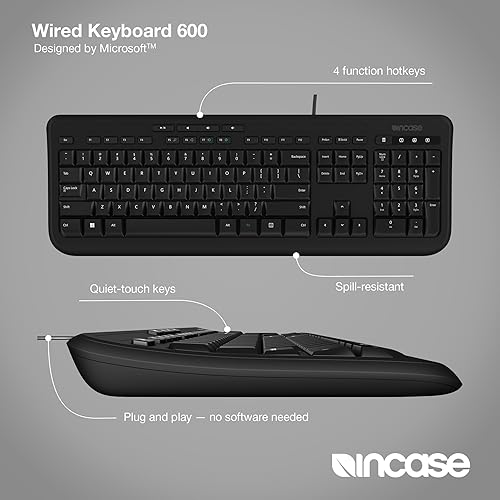 Incase Wired Keyboard 600 – Designed by Microsoft – Spill Resistant, Quiet Touch Keys, Plug and Play, 4 Hotkeys, Windows Start Key – Black