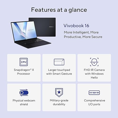ASUS Vivobook 16 Laptop, 16” WUXGA 60Hz Display, Qualcomm Snapdragon X, Qualcomm Adreno GPU, 16GB RAM, 512GB SSD, Windows 11, Quiet Blue, X1607QA-DS54